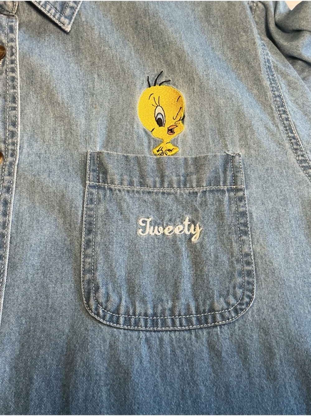 Vintage 90s Looney Tunes Tweety Bird Denim Shirt Women's 14W/16W  Button Down - Picture 6 of 13